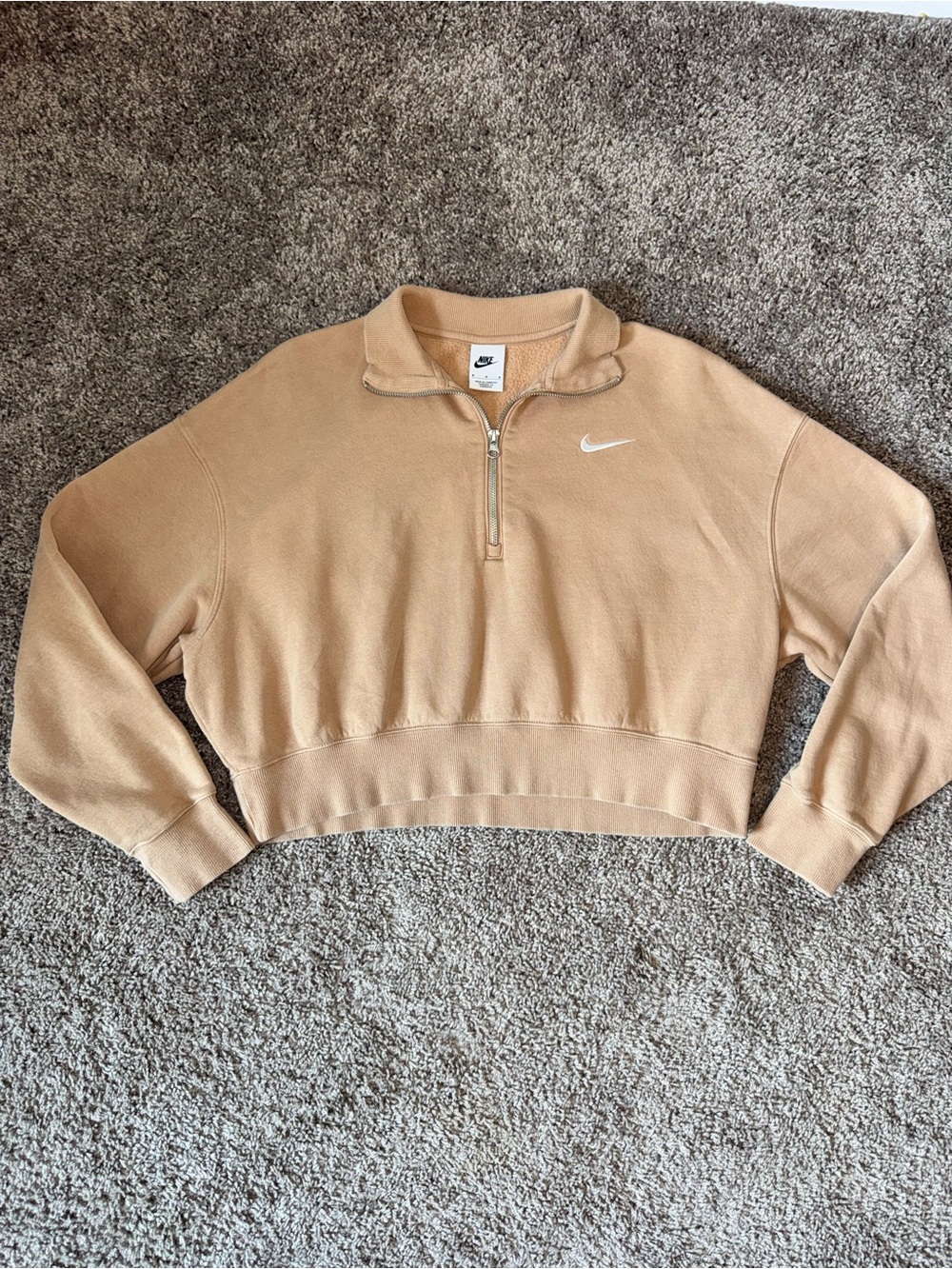 Nike Women’s Medium Cropped Quarter-Zip Sweatshirt in Tan with White Swoosh